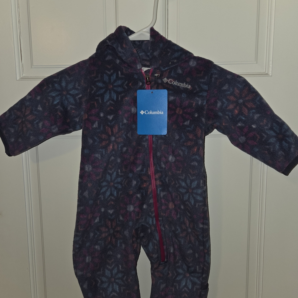 Columbia Infant Starry Night Fleece Footies  - Navy and Magenta, Size 3-6months